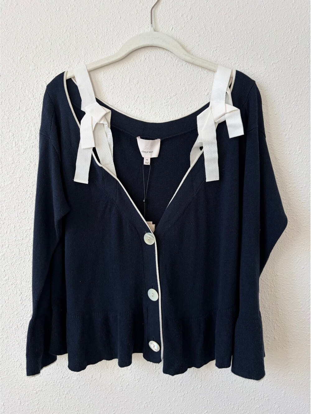 Cinq A Sept Colby Cardigan Silk Cashmere Navy Ivory Size XS Luxury Bow Feminine